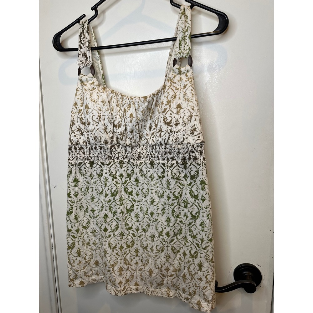 Womens Green Damask Empire Waist Crinkle Tank Top O-Ring Straps Smocked Small